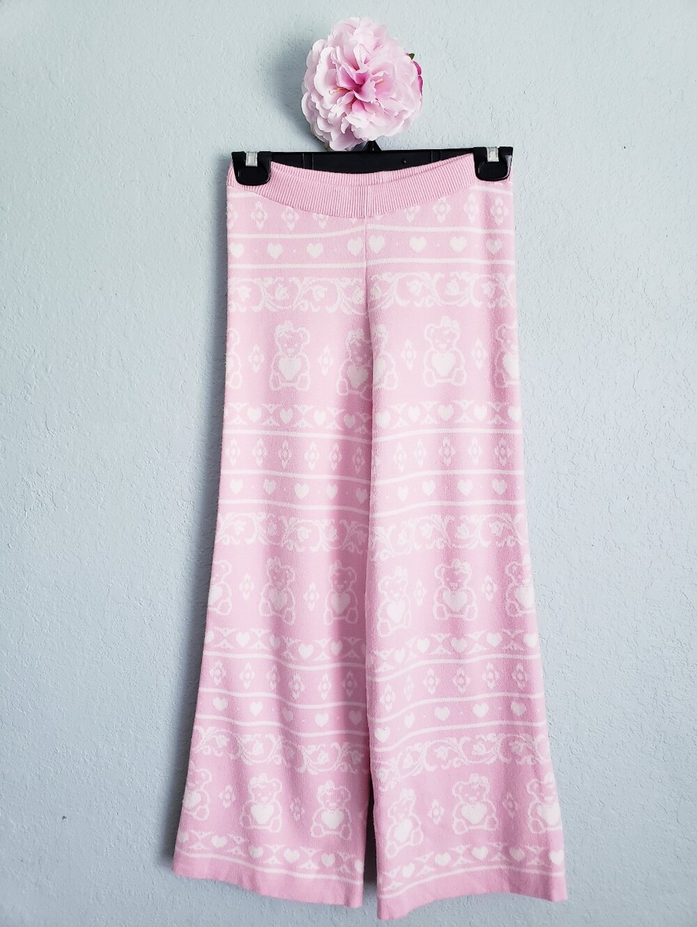 Liv & Lottie Pink & White Teddy Bear Fair Isles Heart Knit Wide Leg Pants